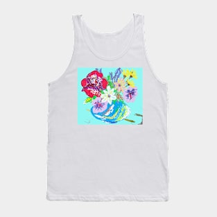 Turquoise Rose and Daisies Abstract Flowers in a vase Still life Painting Tank Top